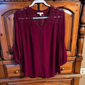 JohnPaulRichard Deep Red Lace Accent Blouse